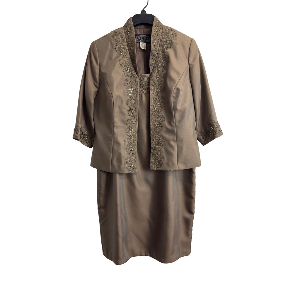 Alex Evenings Petite Dress Set 12P Mocha Bronze Beaded Embroidered Jacket Suit